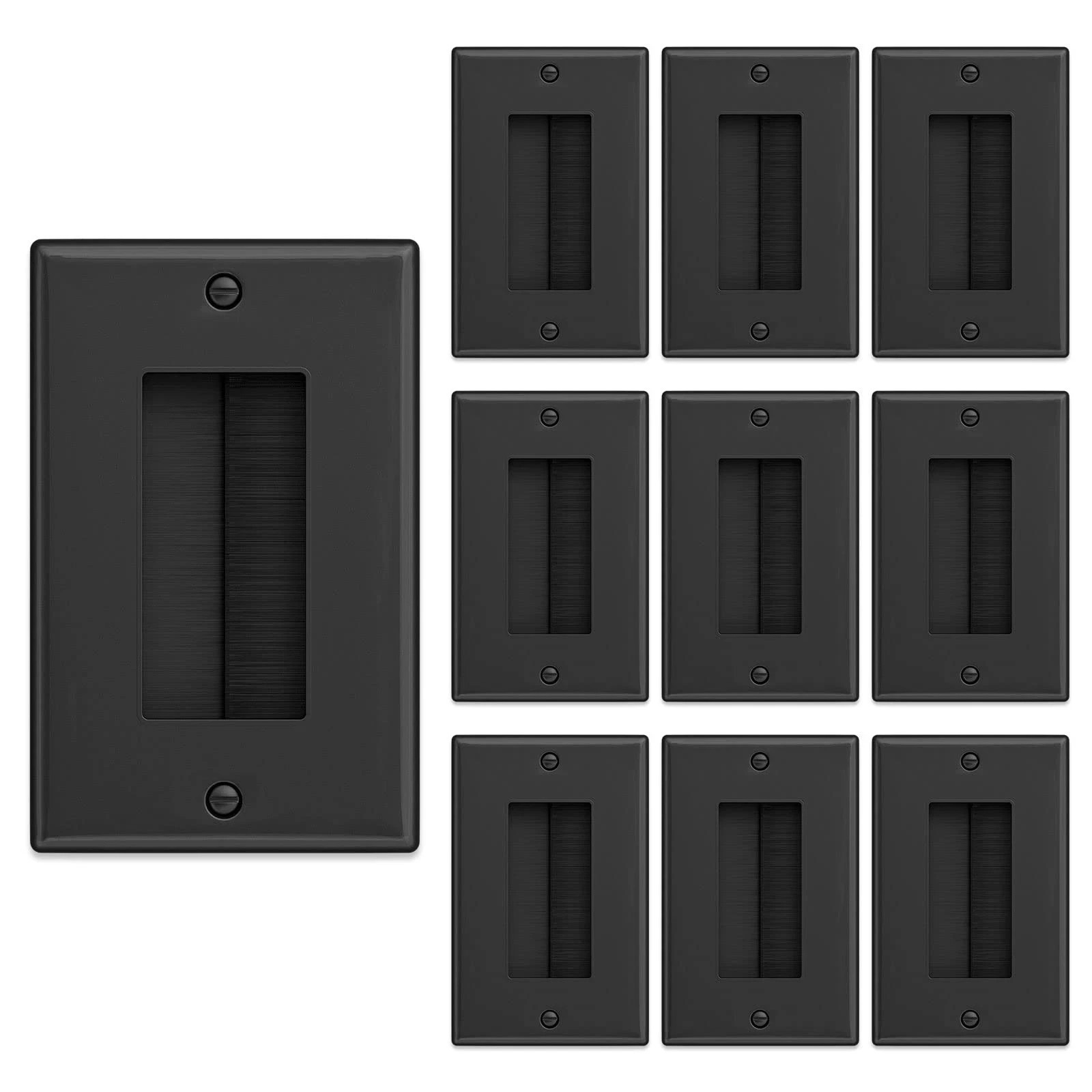 Brush Wall Plate (10 Pack), Cable Pass Through Plate, Black