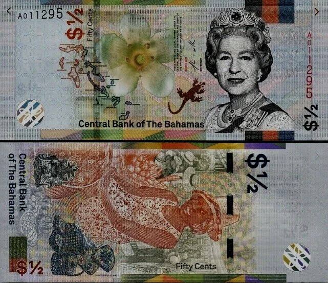 BAHAMAS 0.50 ½ DOLLAR P-76Aa 2000 x 10 Pcs Lot BUNDLE QUEEN UNC Currency NOTE