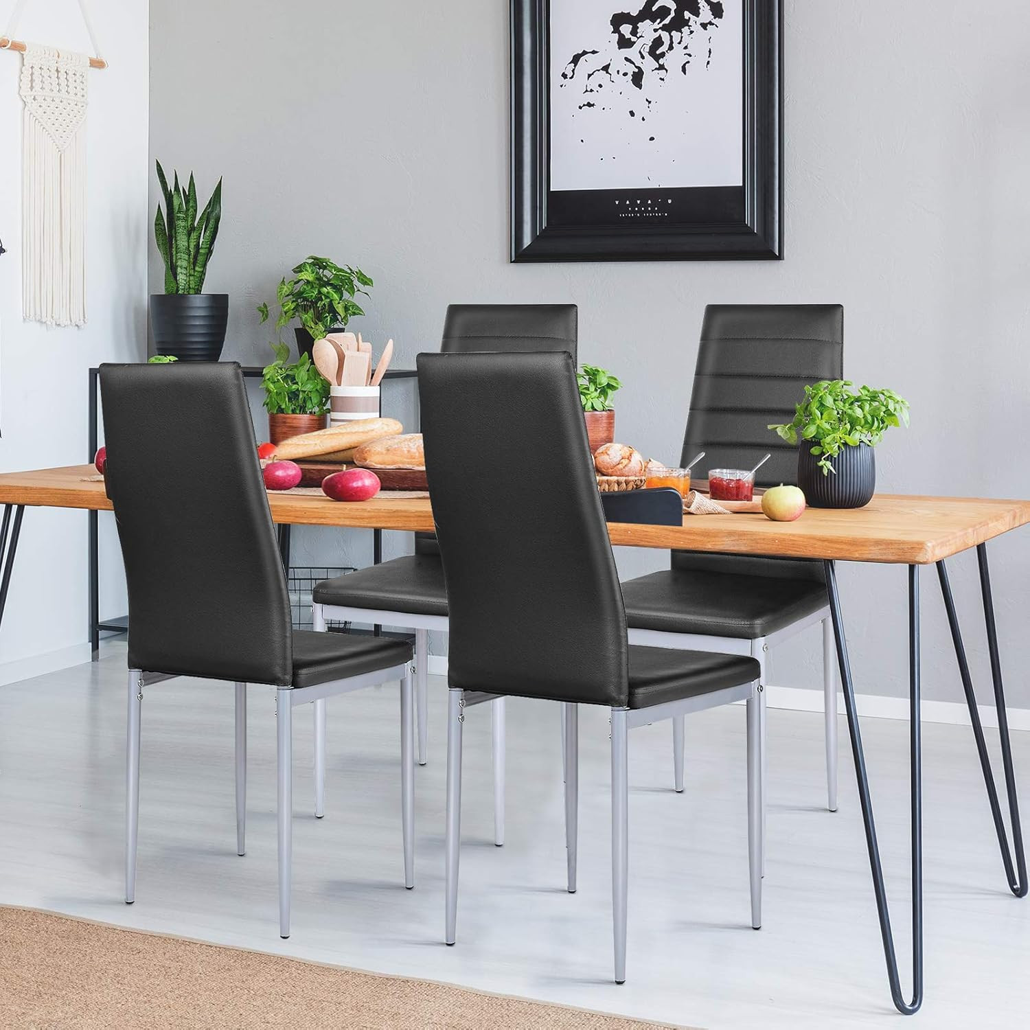 Set of 4 PU Leather Dining Side Chairs with Padded Seat Foot Cap Protection Stab
