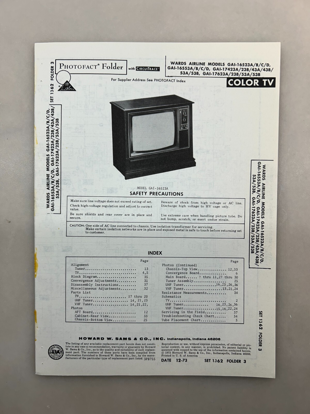Wards GAI-16523 16553 17423 17623 Service Manual Sams Photofact Free Shipping