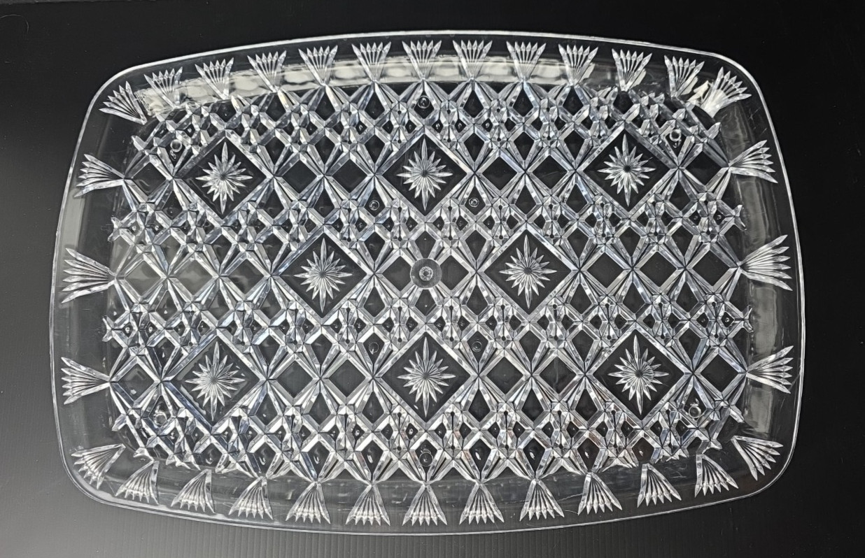 Vintage Diamond-Cut Heavyweight Serving Tray Clear Hard Plastic 17.5" x 12"