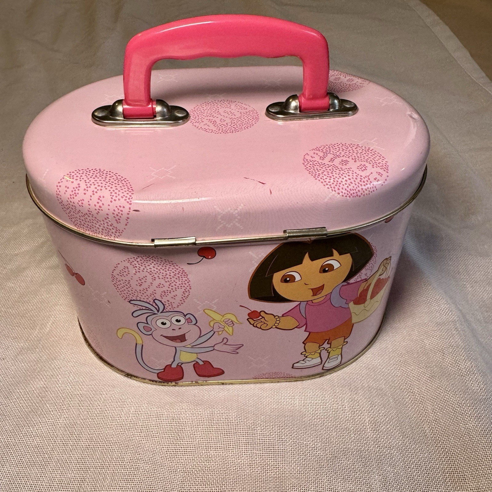 RARE Nickelodeon Dora The Explorer & Boots Tin Box Pink With Latch & Handle