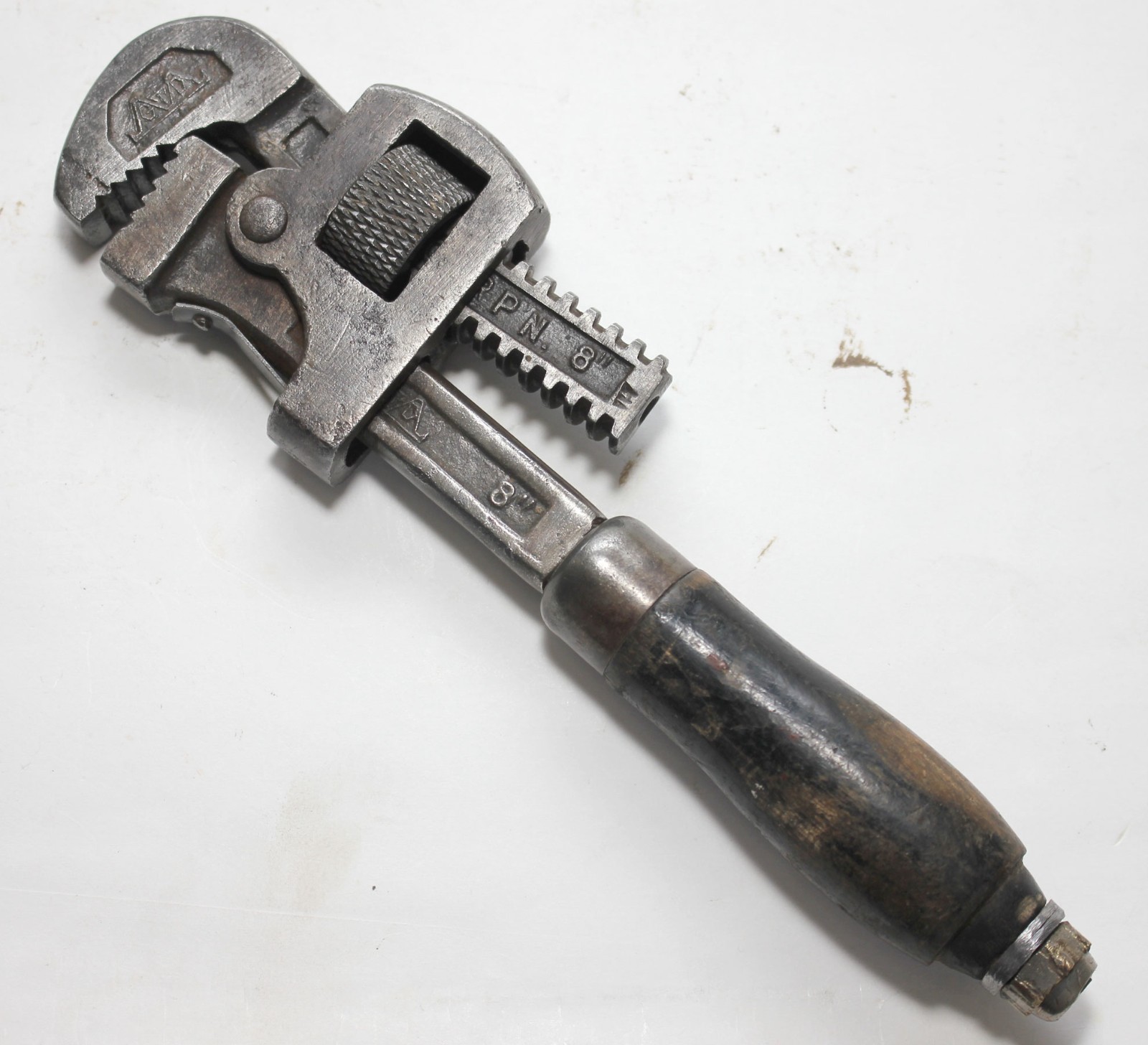 Vintage G.T.D. CORP 8 Inch 'Stillson' Pipe Wrench Wood Handle Made in U.S.A