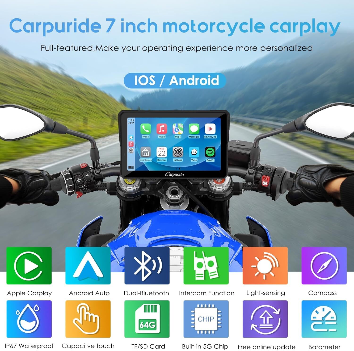 CARPURIDE W702Pro Carplay Wireless Android Auto Dual Bluetooth Intercom Compass