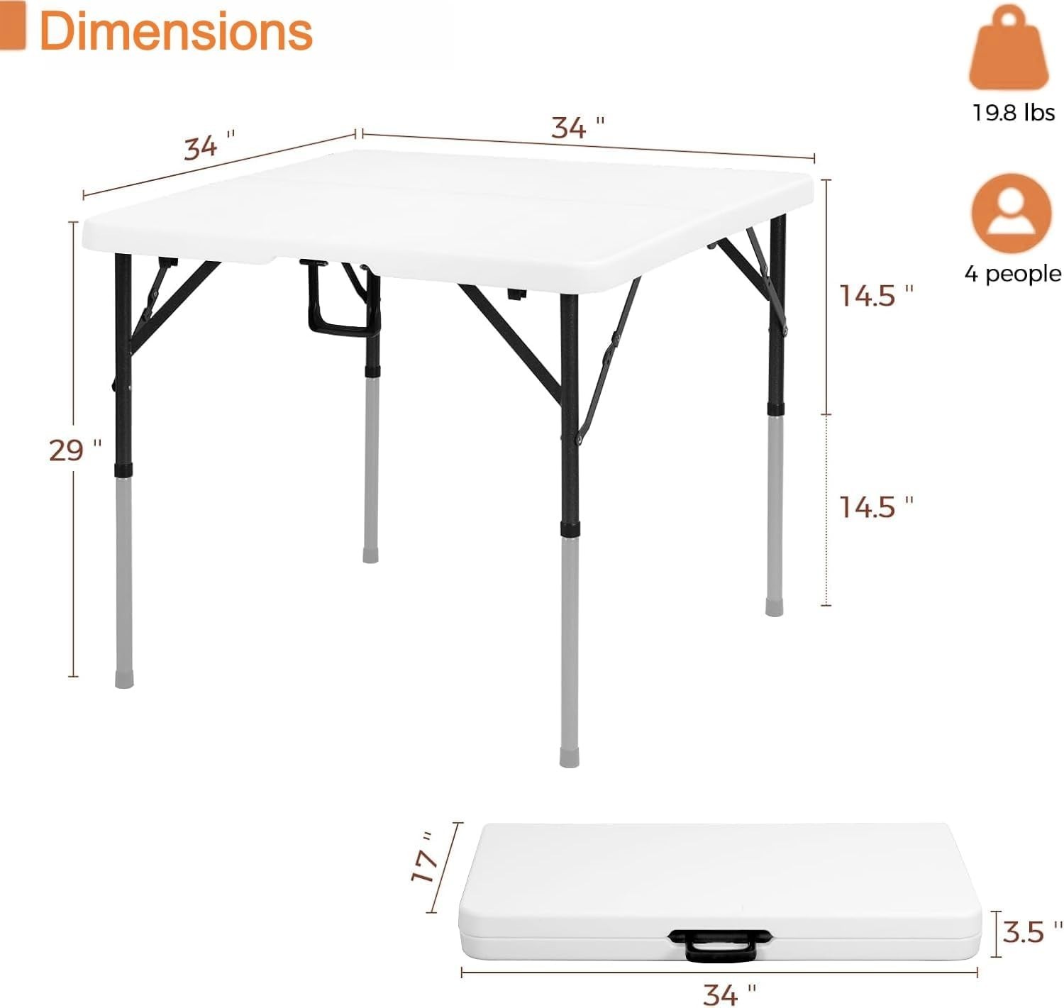 34" Square Folding Table Fold-in-Half Utility Dining Portable Table Heavy Duty