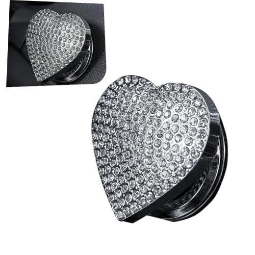 Bling Push Start Button Cover, Heart-Shaped Engine Sticker with Diamond, White