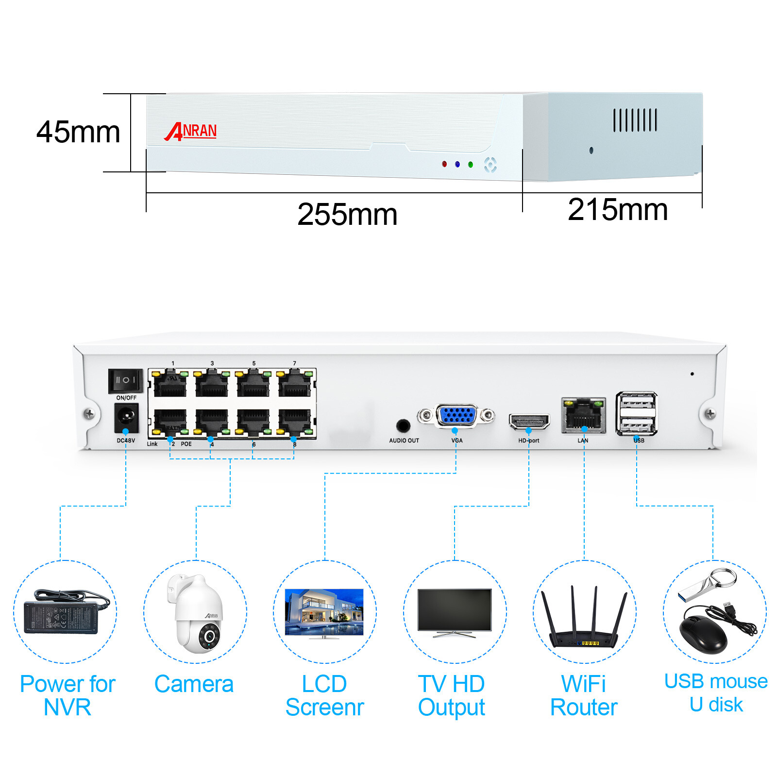 ANRAN Wired POE Security Camera System Outdoor PTZ Motion Detection 8CH NVR Kits
