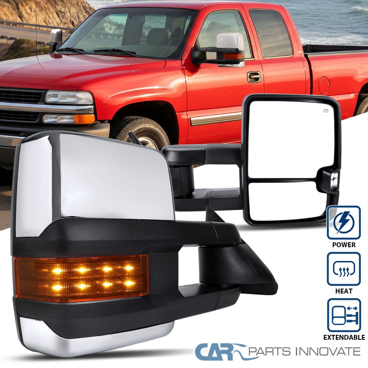 Fit 99-02 Silverado Sierra Facelift Power Heated Extended LED Signal Tow Mirrors