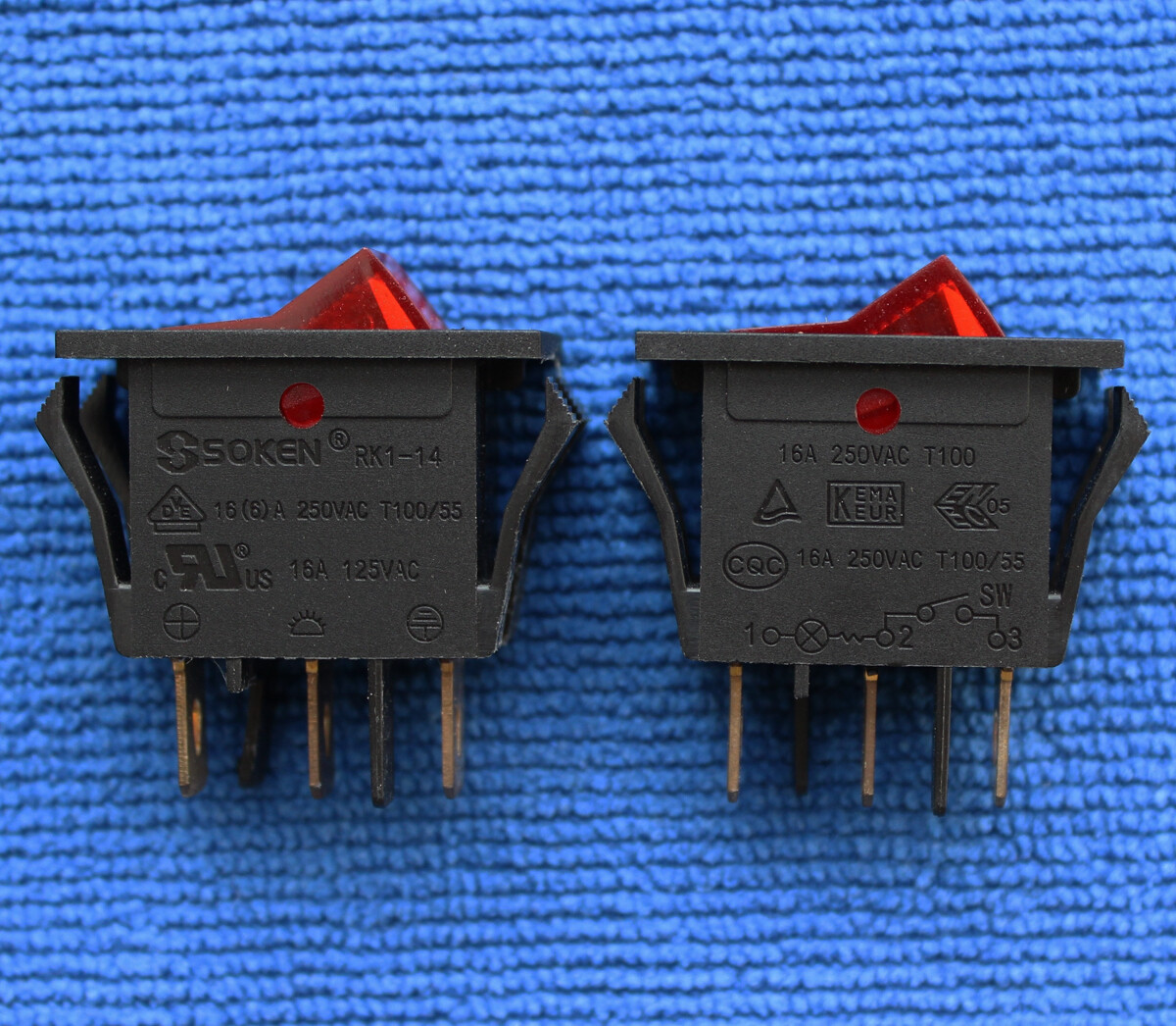 2pcs SOKEN RK1-14 Rocker Power Switch 16A 250VAC 16A 125VAC T100 3 Pin Red Lamp