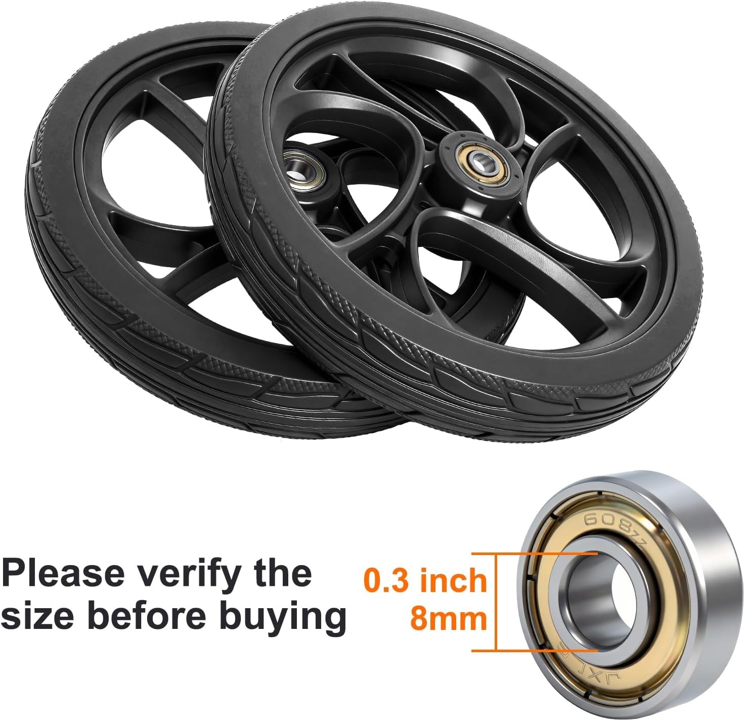 BlessReach 2PCS 8 Inch Walker Wheel, 5/16" (8 mm) Bearing Solid Replacement W...