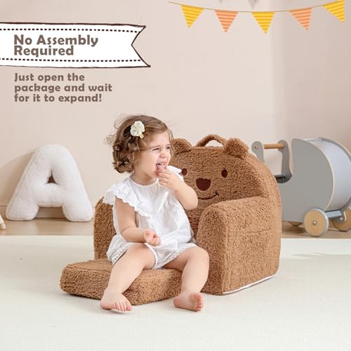 Toddler Chair,Sherpa Bear Toddler Couch Fold Out,Children Reading Brown