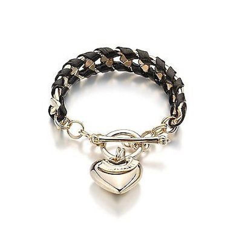 Couture Style Heart Charm With Black Leather Bracelet