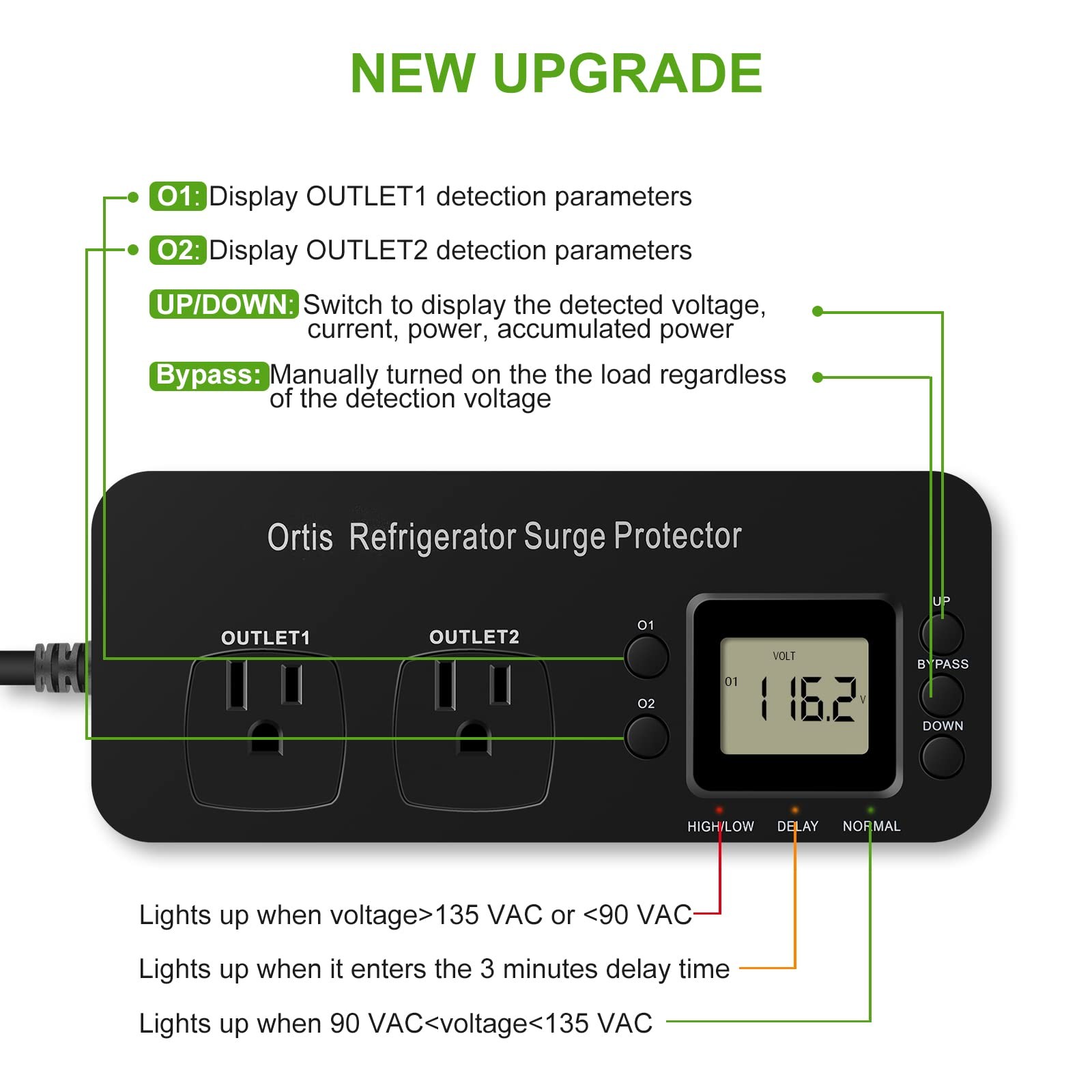 Refrigerator Surge Protector, Ortis Double Outlet Electronic black