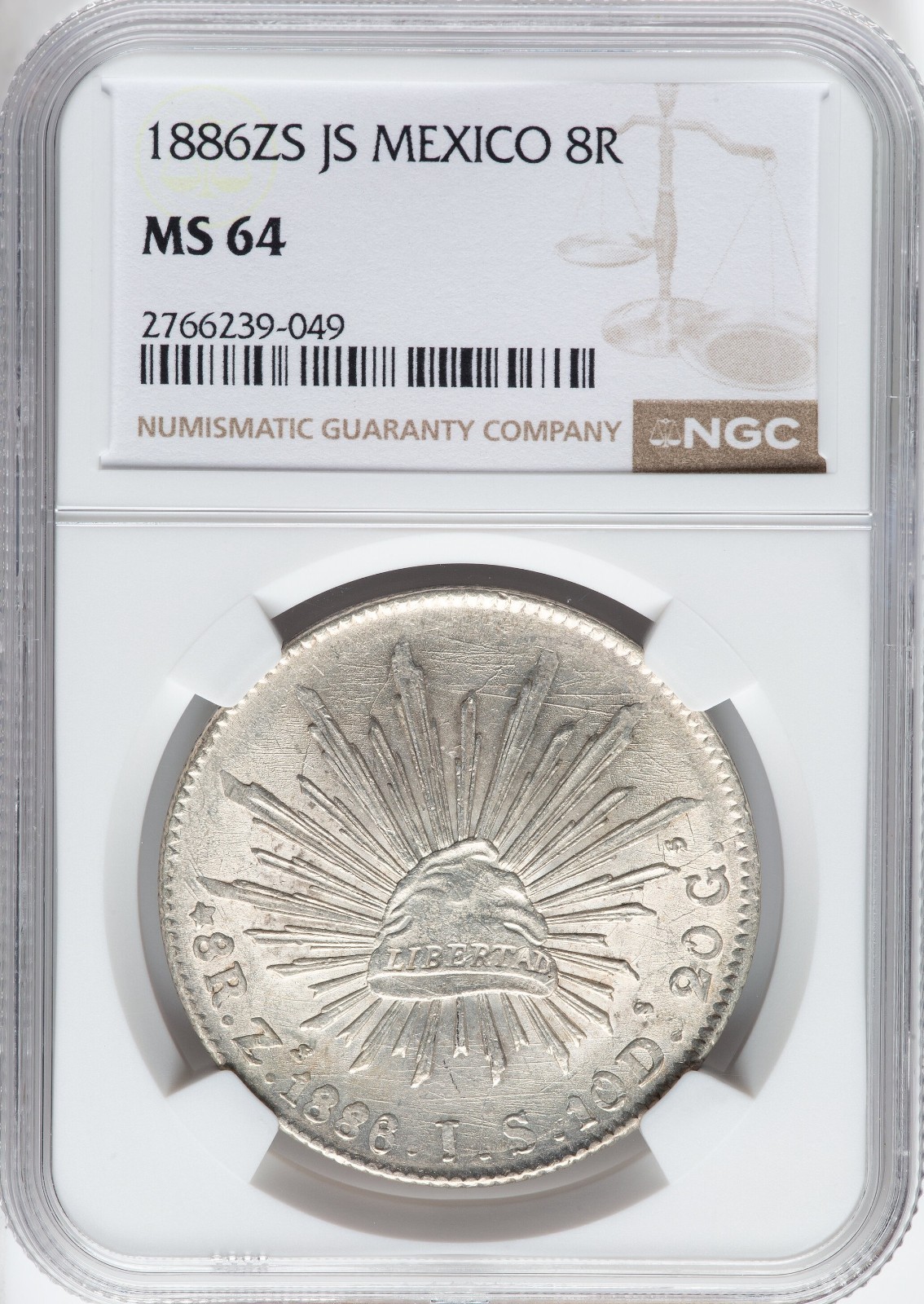 1886-ZS JS Mexico Silver 8 Reales Zacatecas NGC MS64 Cap & Rays Super Frosty