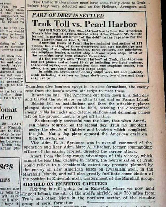 BATTLE OF TRUK ATOLL Operation Hailstone v. Japanese 1944 World War II Newspaper