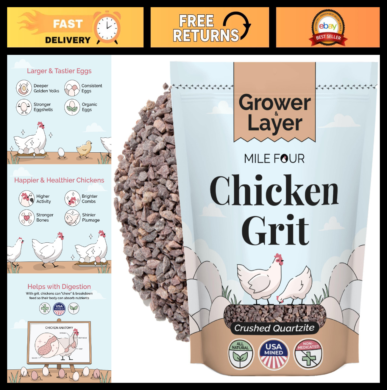 Natural Chicken Grit for Layers & Growers 8-20+ Weeks - Quartzite Poultry Grit,