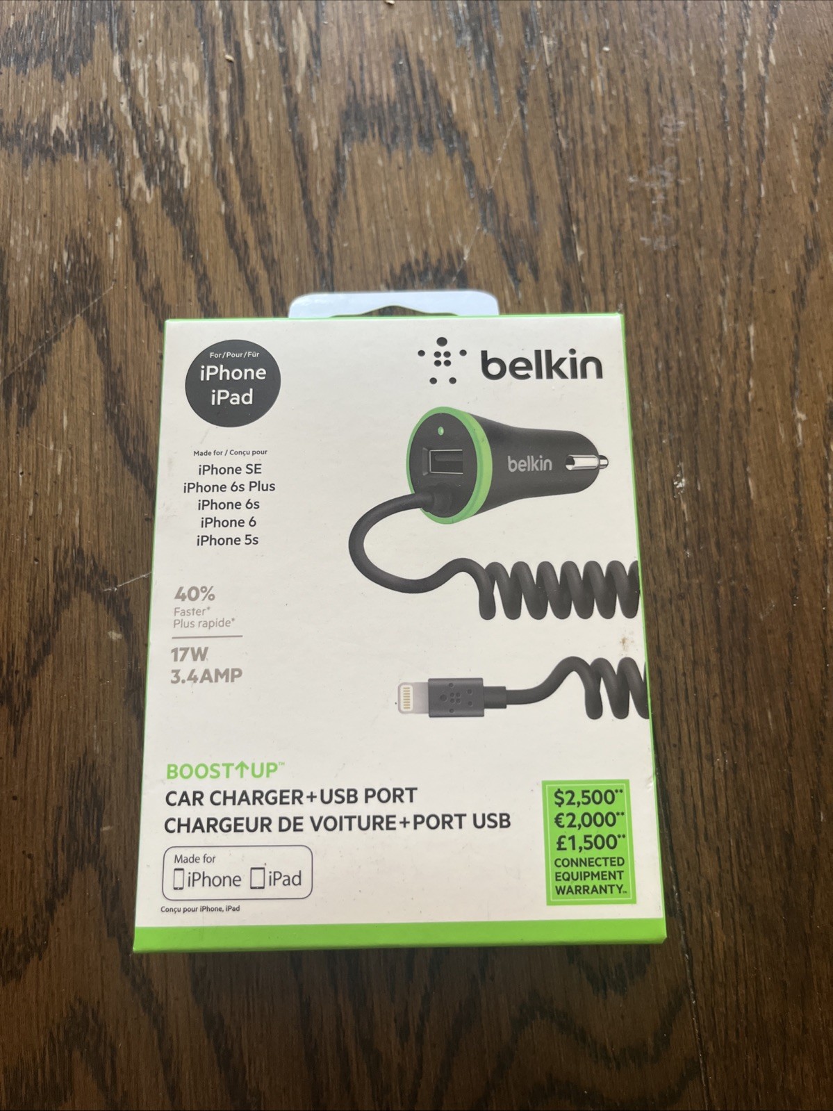Belkin iPhone Cable Charger 17W 3.4AMP Car Charger + USB Port 1.2M/4FT Sealed