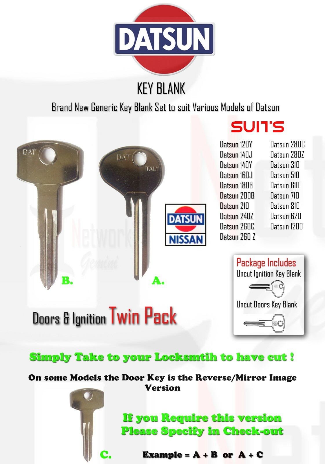 DATSUN TWIN KEY BLANK SET - Door & Ignition set - 120Y  140 180B 200B & More