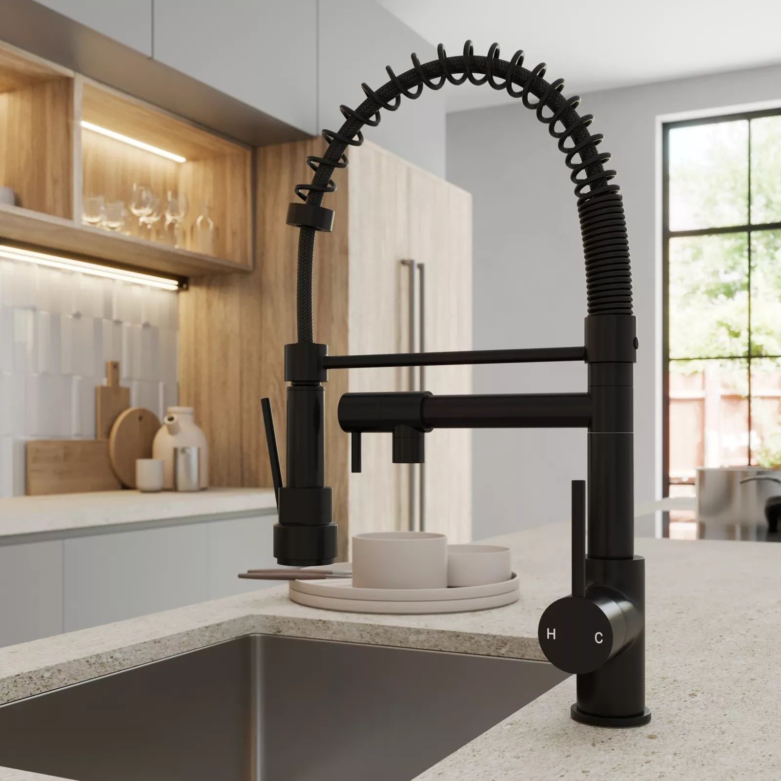 Black Kitchen Faucet with Water Lines Commercial Single Handle Sink Faucet