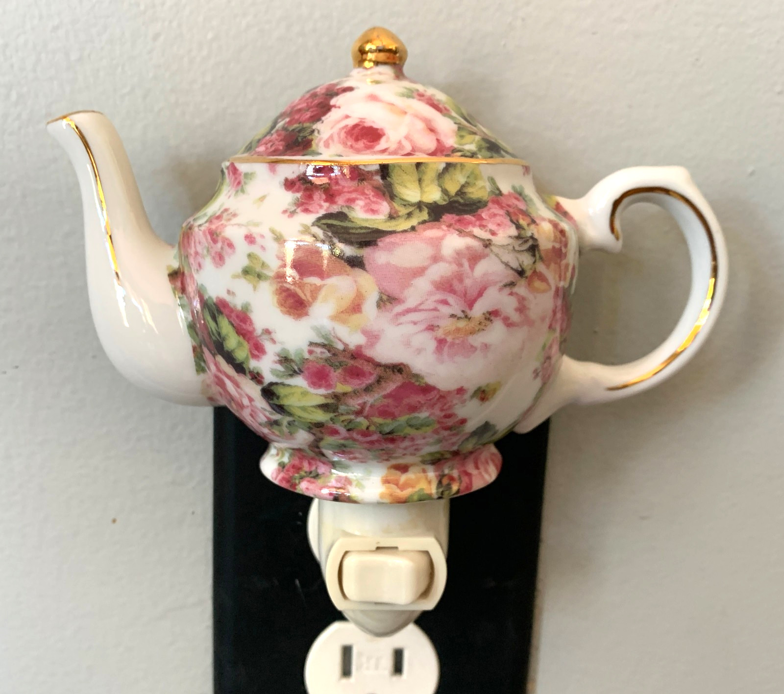 Porcelain Teapot Shaped Night Light Pink Flowers Floral and Gold Trim