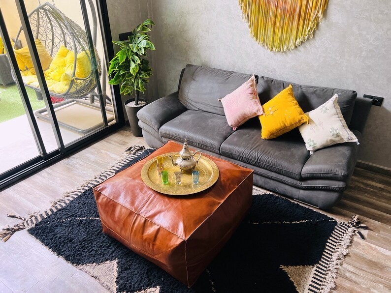 Large Unstuffed Moroccan Leather Pouf Premium Boho Footrest Genuine Ottoman 30''