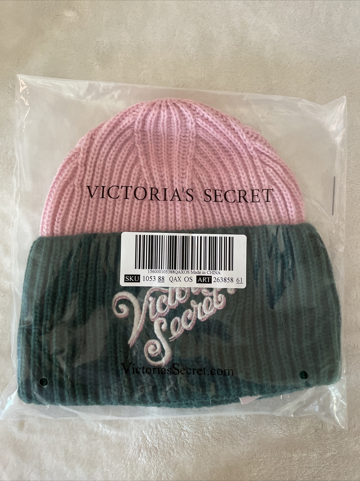 Victoria's Secret Colorblock Knit Winter Beanie Hat Pink Green Flora SHINE LOGO