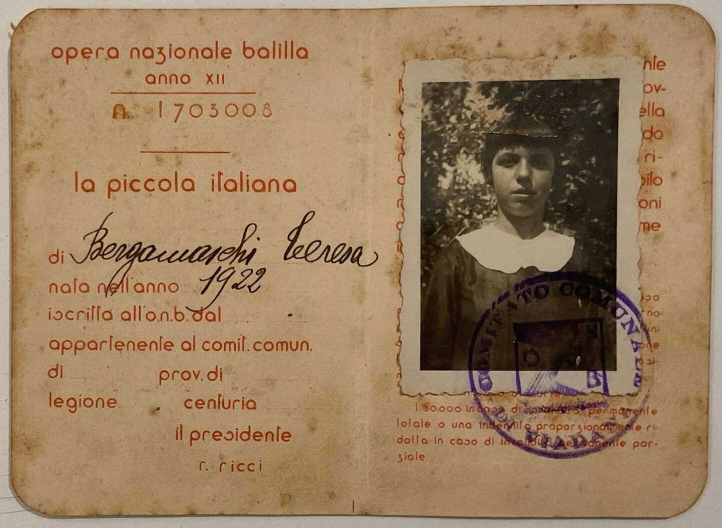 VIADANA REGNO D’ITALIA OPERA NAZIONALE BALILLA TESSERA XII° 1934 ASS. DI PARTITO