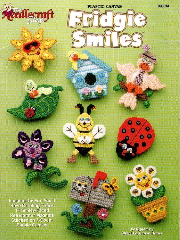 THE NEEDLECRAFT SHOP PLASTIC CANVAS FRIDGIE SMILES 17 CUTE DESIGNS