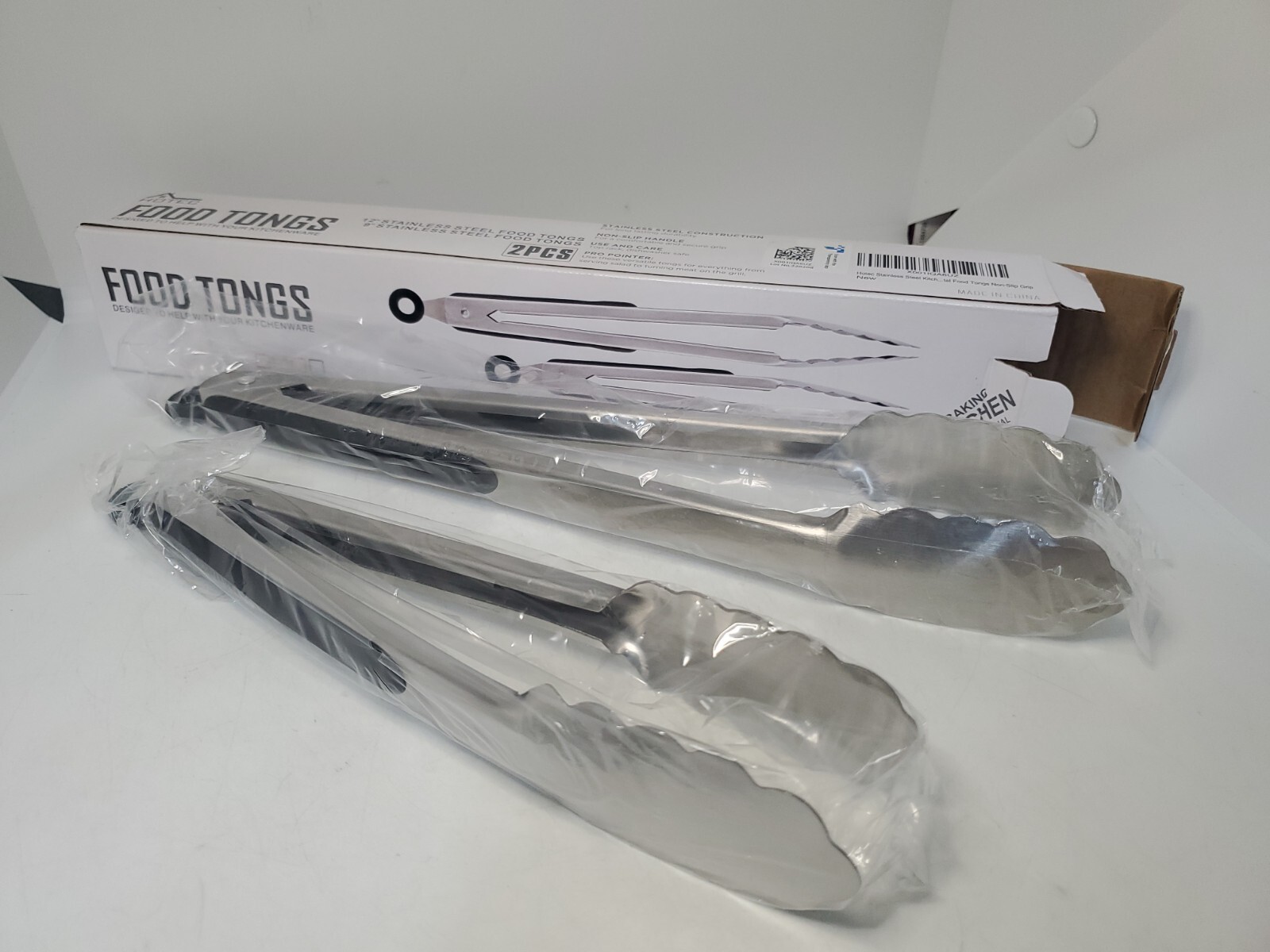 Hotec Stainless Steel Kitchen Food Tongs Set of 2 - 9" and 12" Non-Slip Handle.