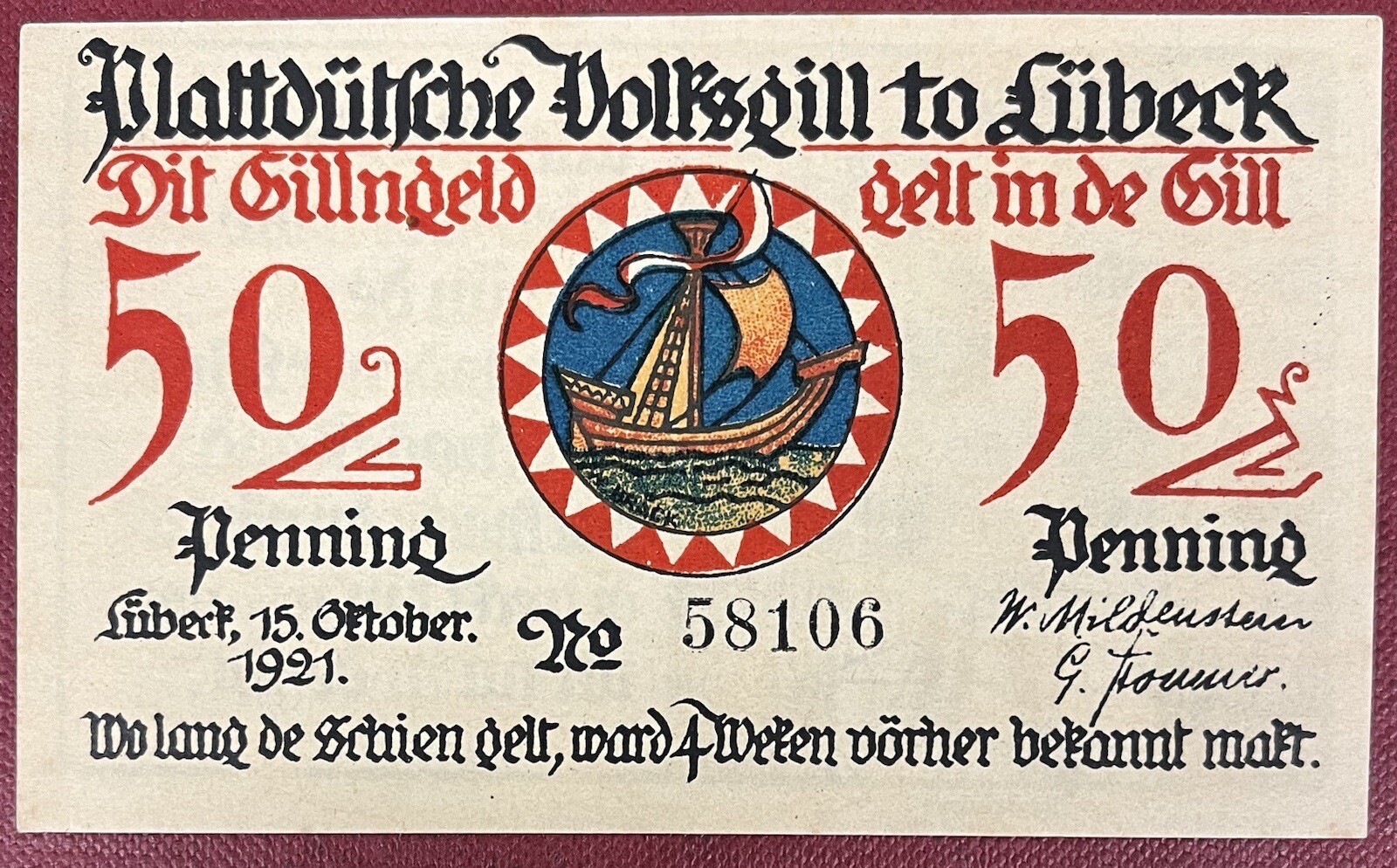 Germany Notgeld Lubeck 1921 50 Pfennig Nice Grade Colorful Note #66766