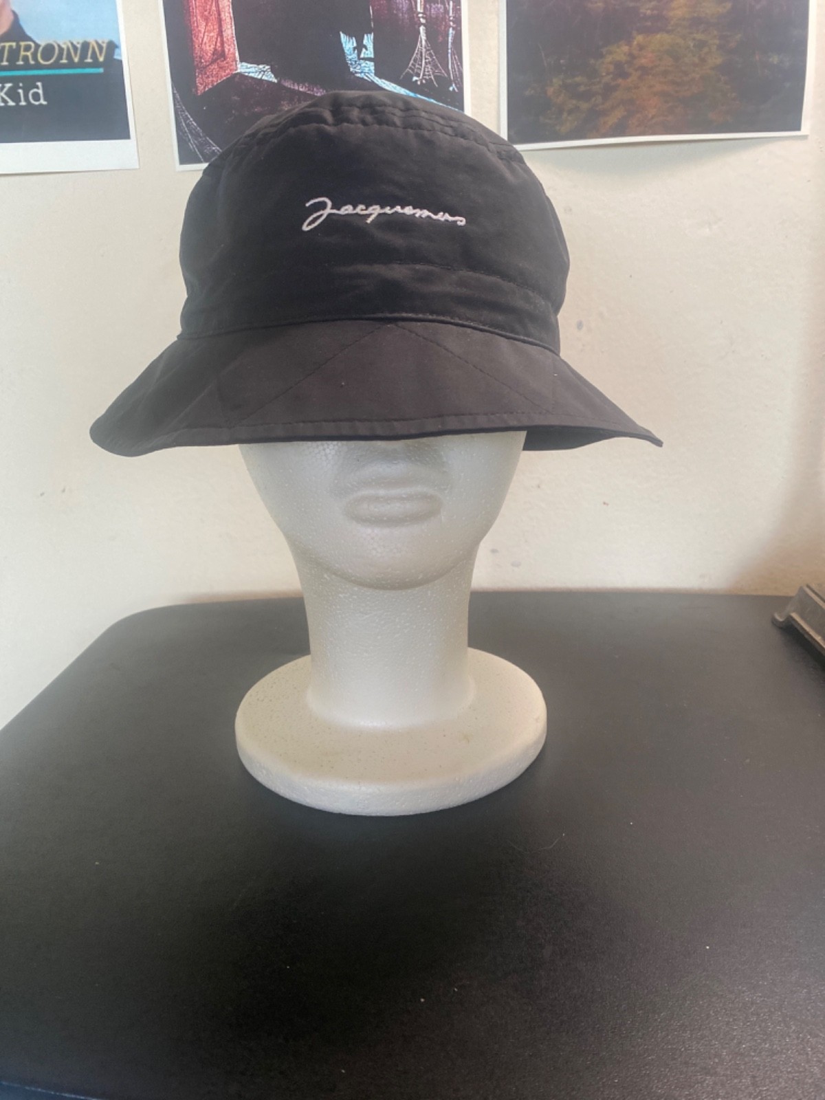 Jacquemus bucket hat black quilted style brim white logo