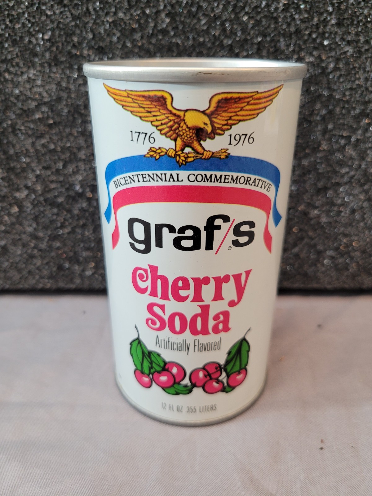 Vintage 1976 Graf's Cherry Soda Pop Can 12oz Straight Steel Ben Franklin