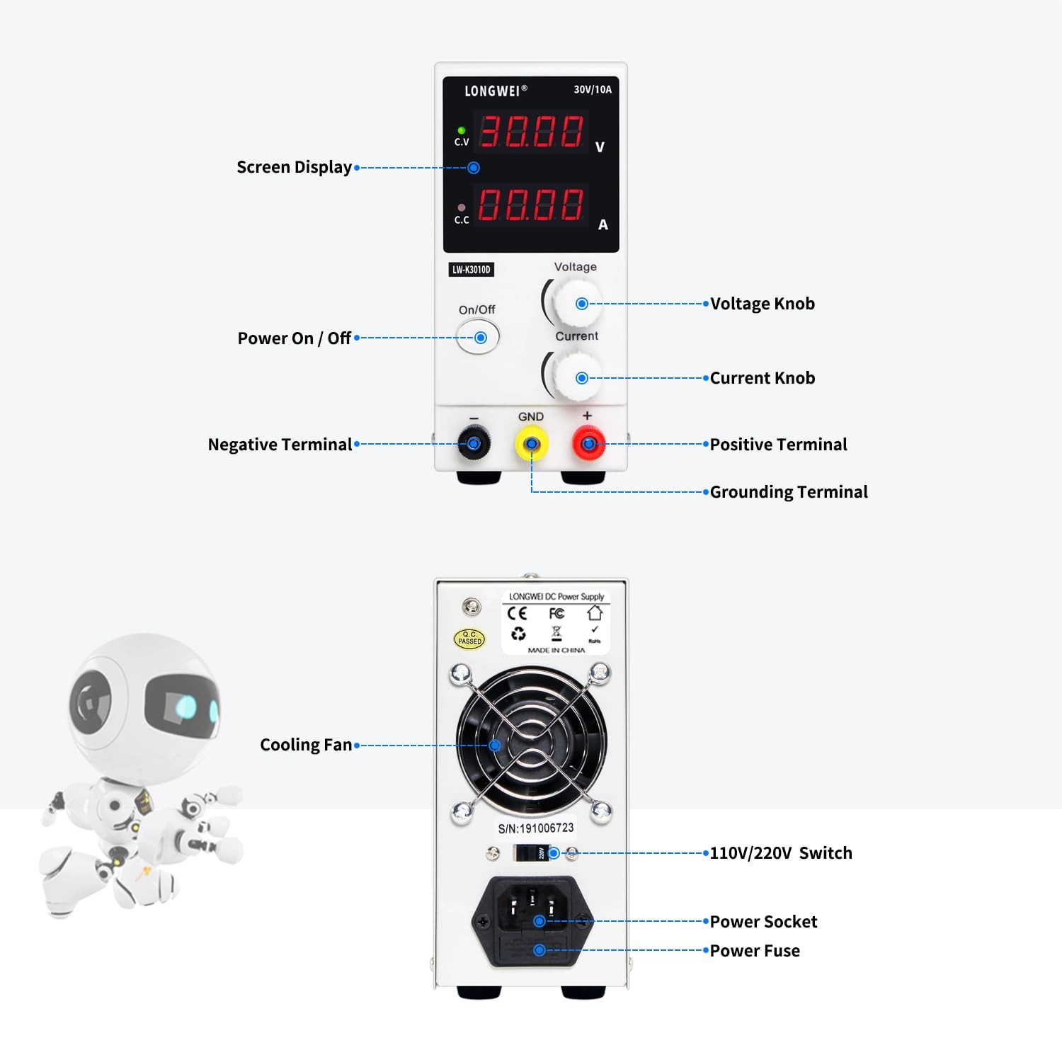 DC Power Supply Variable 30V 10A, 4-Digital LED Display, Precision Adjustable Re