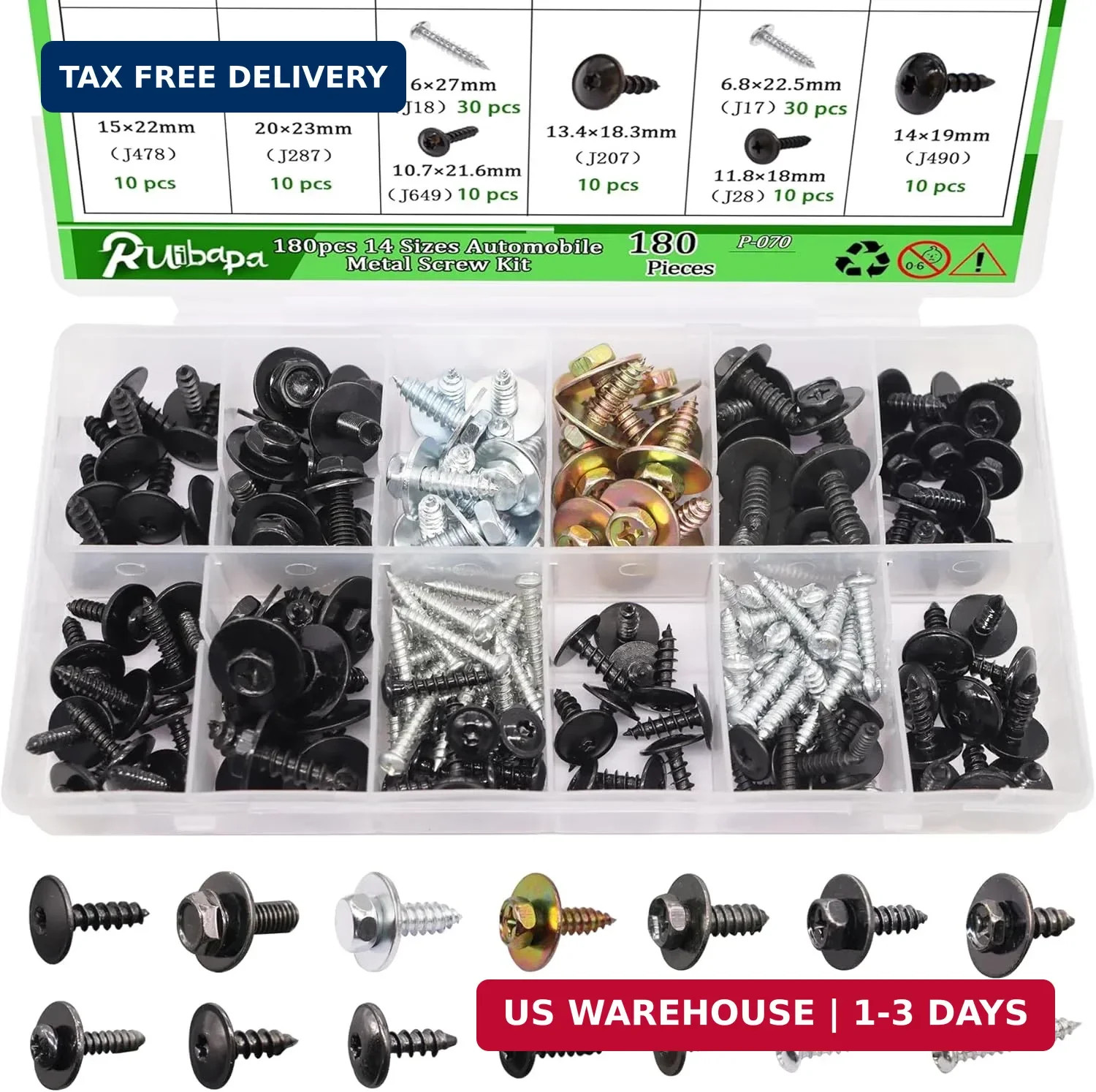180pcs 14 Sizes Automotive Screws Kit Fender Liner Bumper Cover Splash Shield Bo