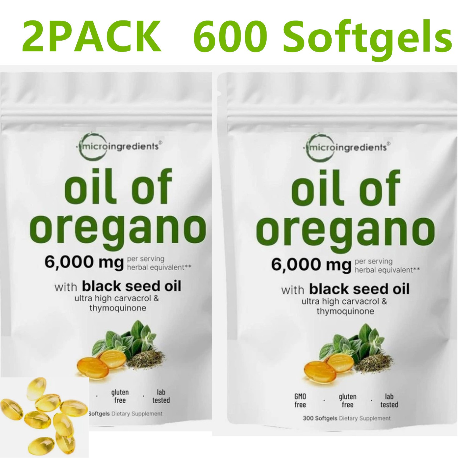2 Pack Oil of Oregano 600 Softgels with Black Seed Oil 600mg