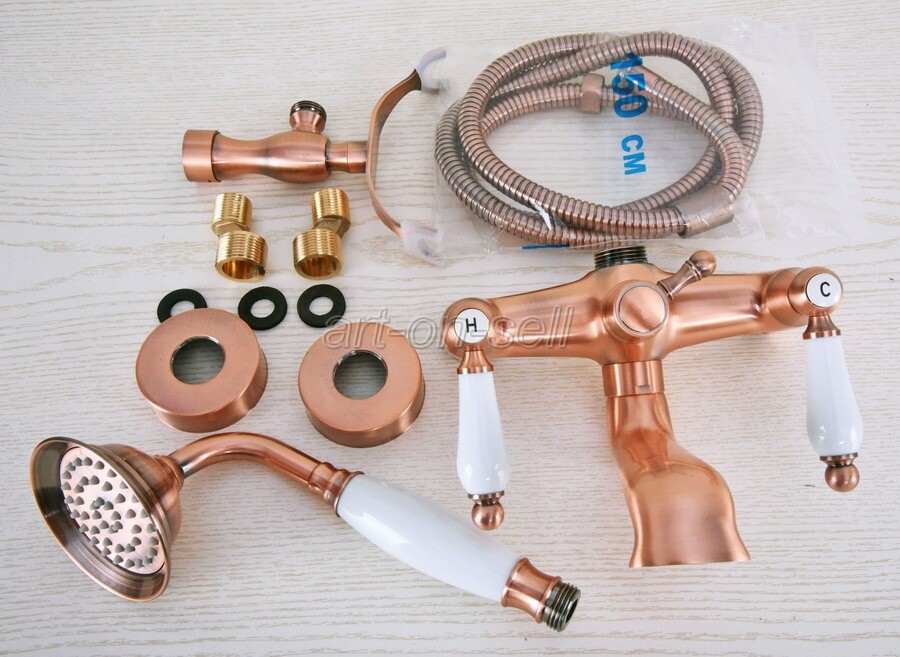 Red Copper Wall Mount Bathroom Clawfoot Bath Tub Faucet Filler w/ Hand Shower