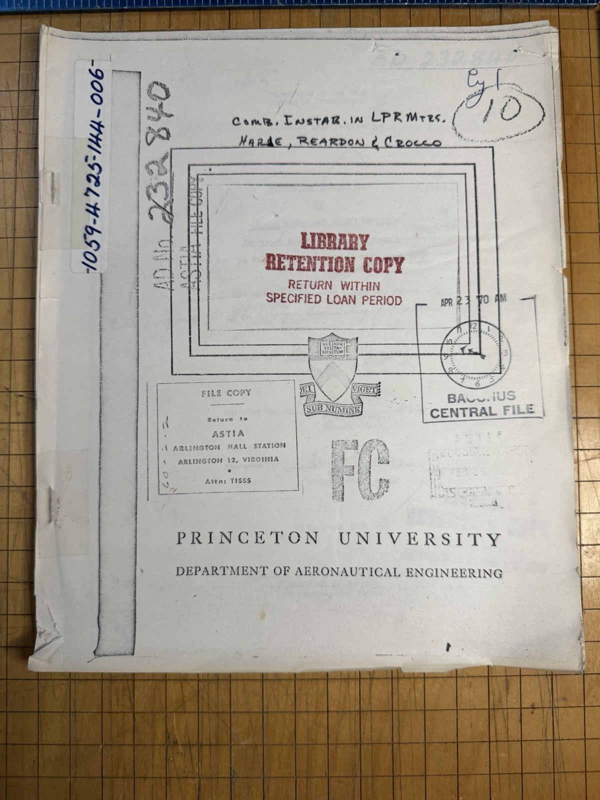 Vintage 1959 Rocket Propulsion Report Princeton University Luigi Crocco AD232840