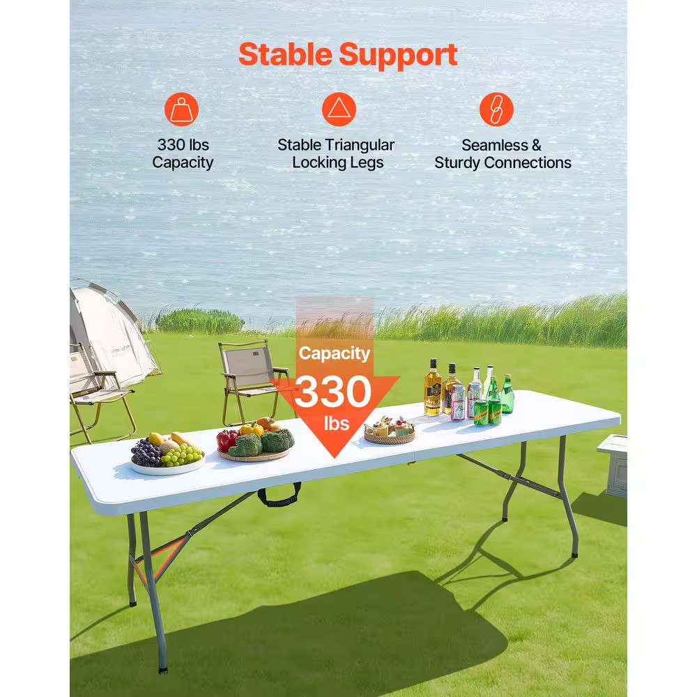 Folding Table, 8 Ft. Heavy Duty Portable Fold-In-Half Plastic Rectangle Table wi