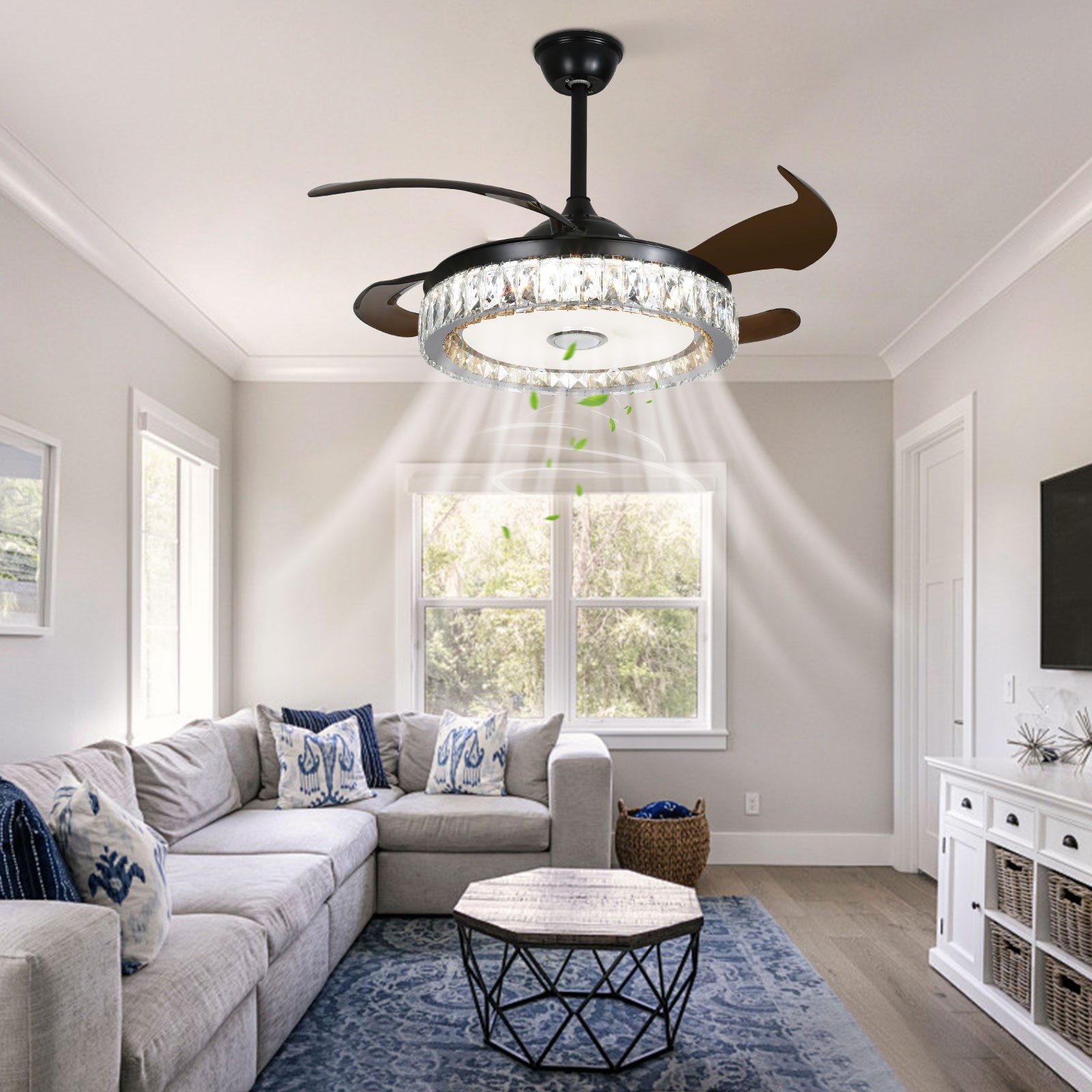 Ceiling Fan With Led Light 42 Inch Remote Control Retractable Black Crystal