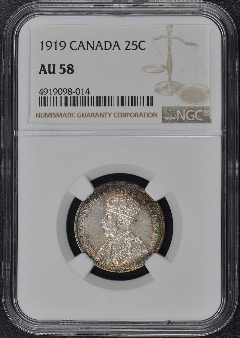 1919 CANADA 25C NGC AU58