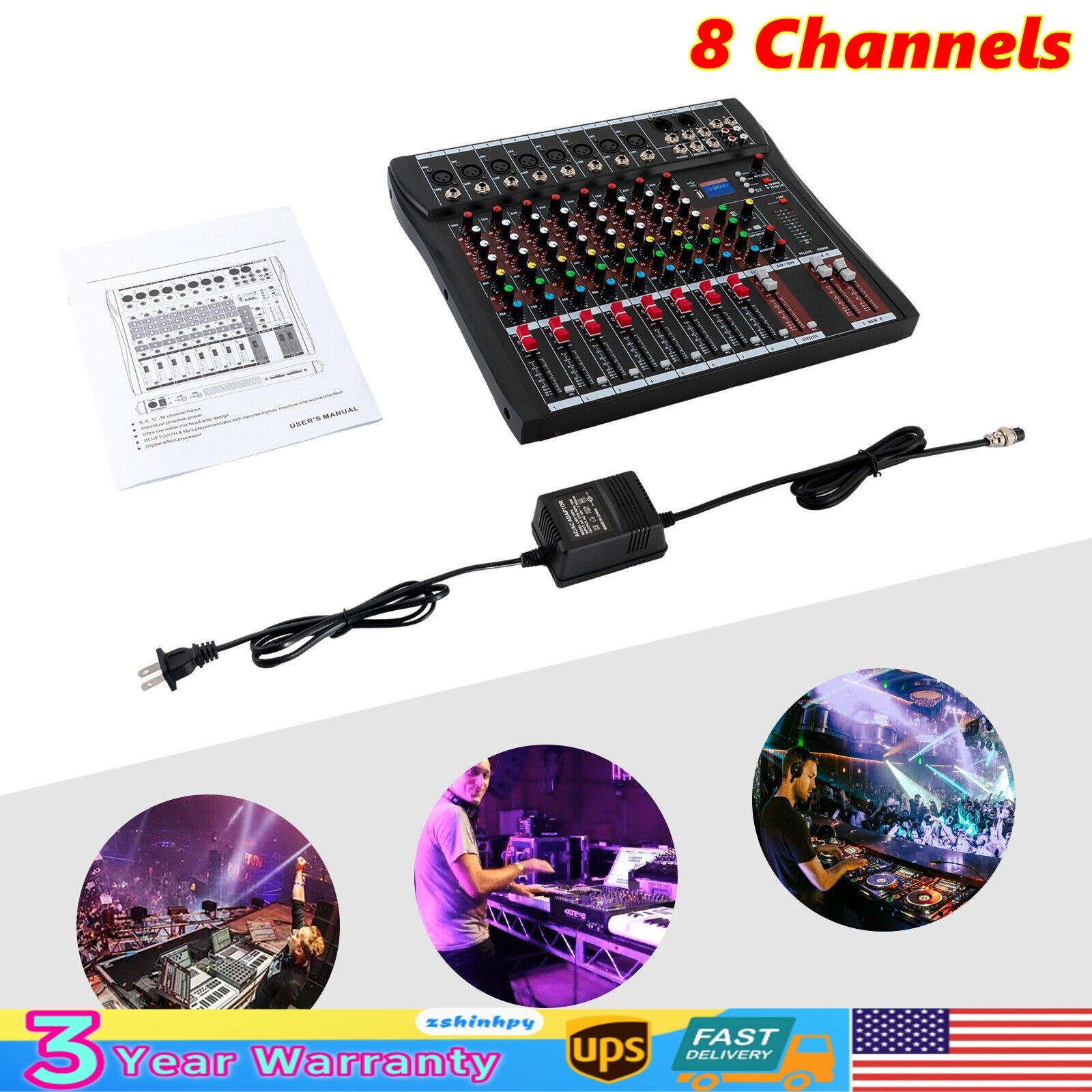 8 Channel USB Bluetooth Live Studio Audio Mixer Power Mixing Console Board w/USB