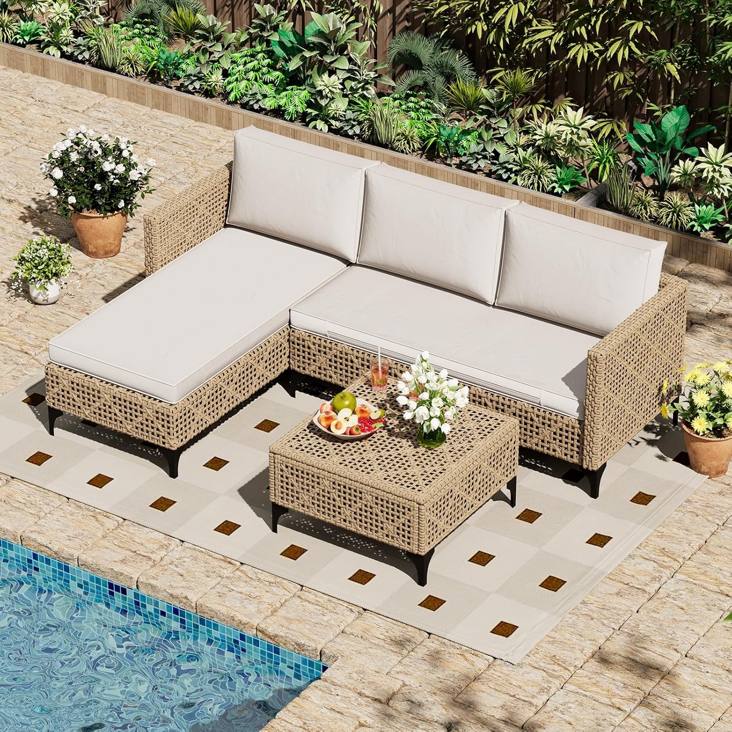3 Piece All Weather Wicker Patio Sectional Sofa Set w/ Cushions & Coffee Table