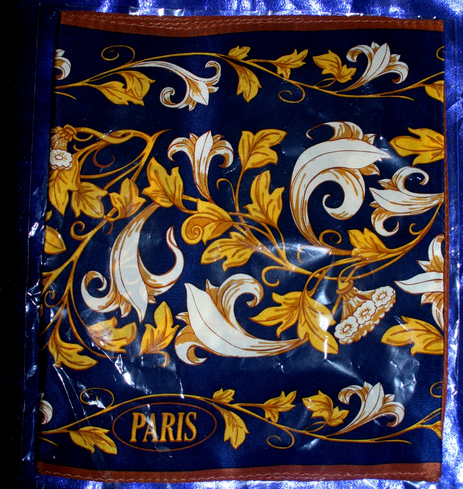 New 100% Silk Scarf "PARIS" 10" x 54" Anne McAlpin ,Blue Yellow, Collection Xlnt