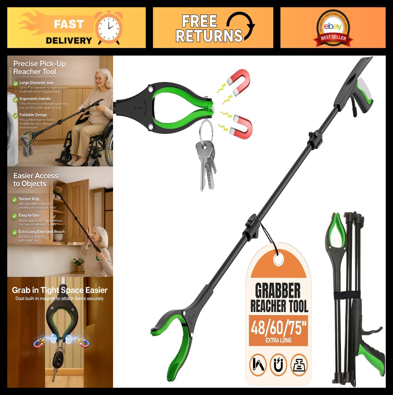 60" Extra Long Grabber Tool - Foldable Aluminum Reacher with Dual Magnetic Tips,