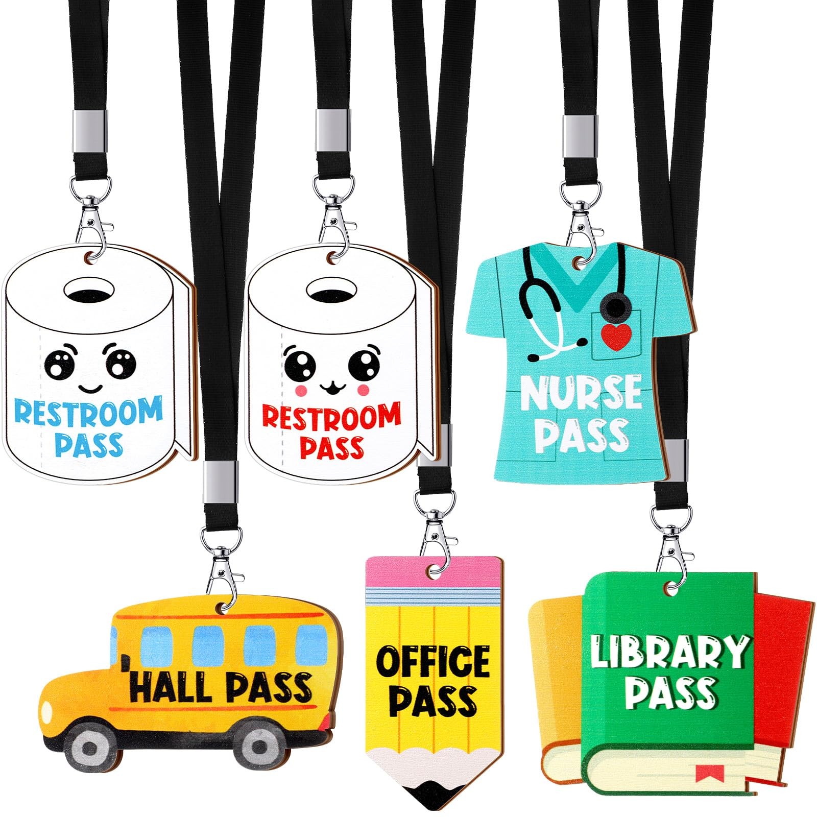6 Sets Hall Pass Lanyards and School Passes Set Unbreakable Wooden Bathroom P...