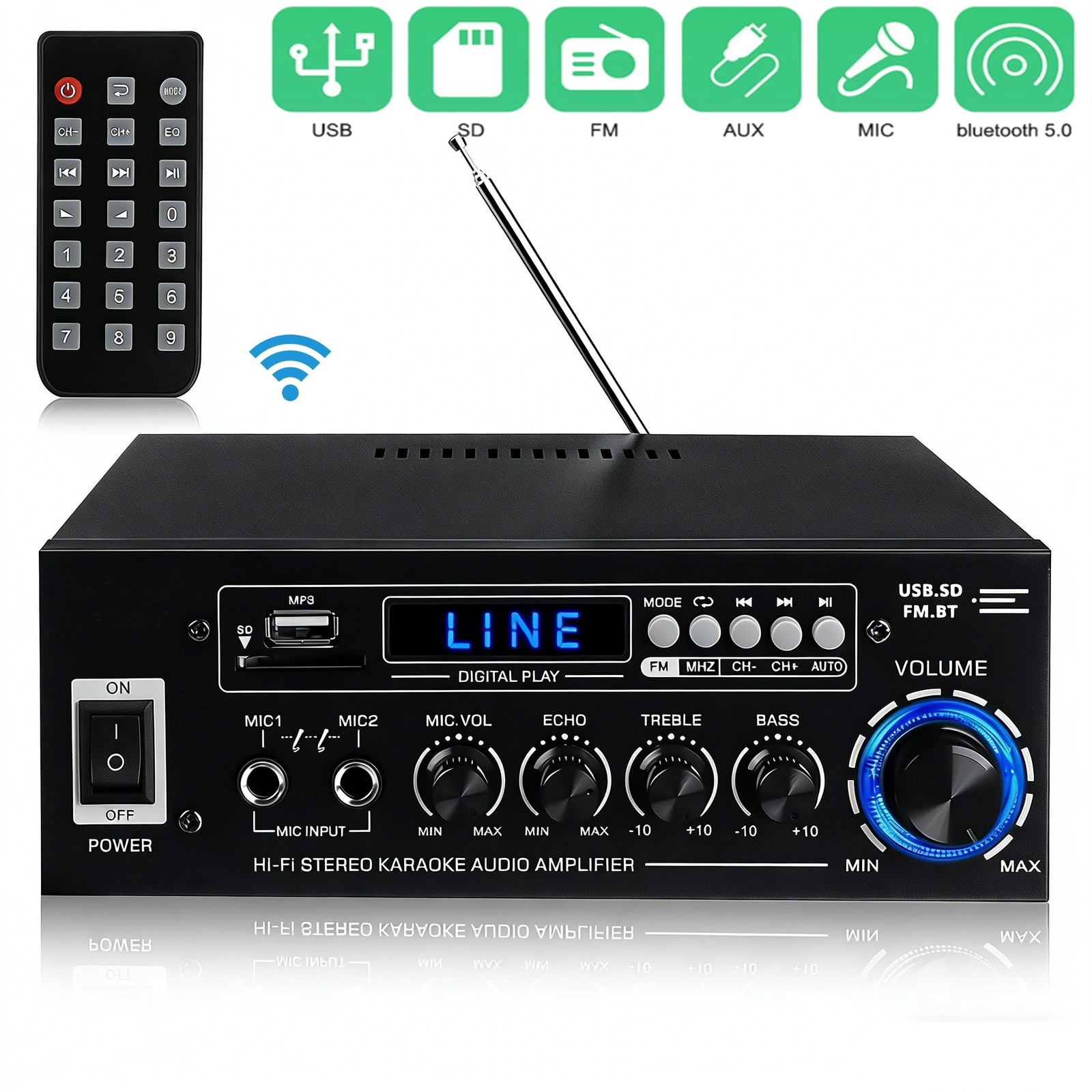 2000W 2Channel Bluetooth 5.0 Power Amplifier FM Audio Stereo Amp Home Car
