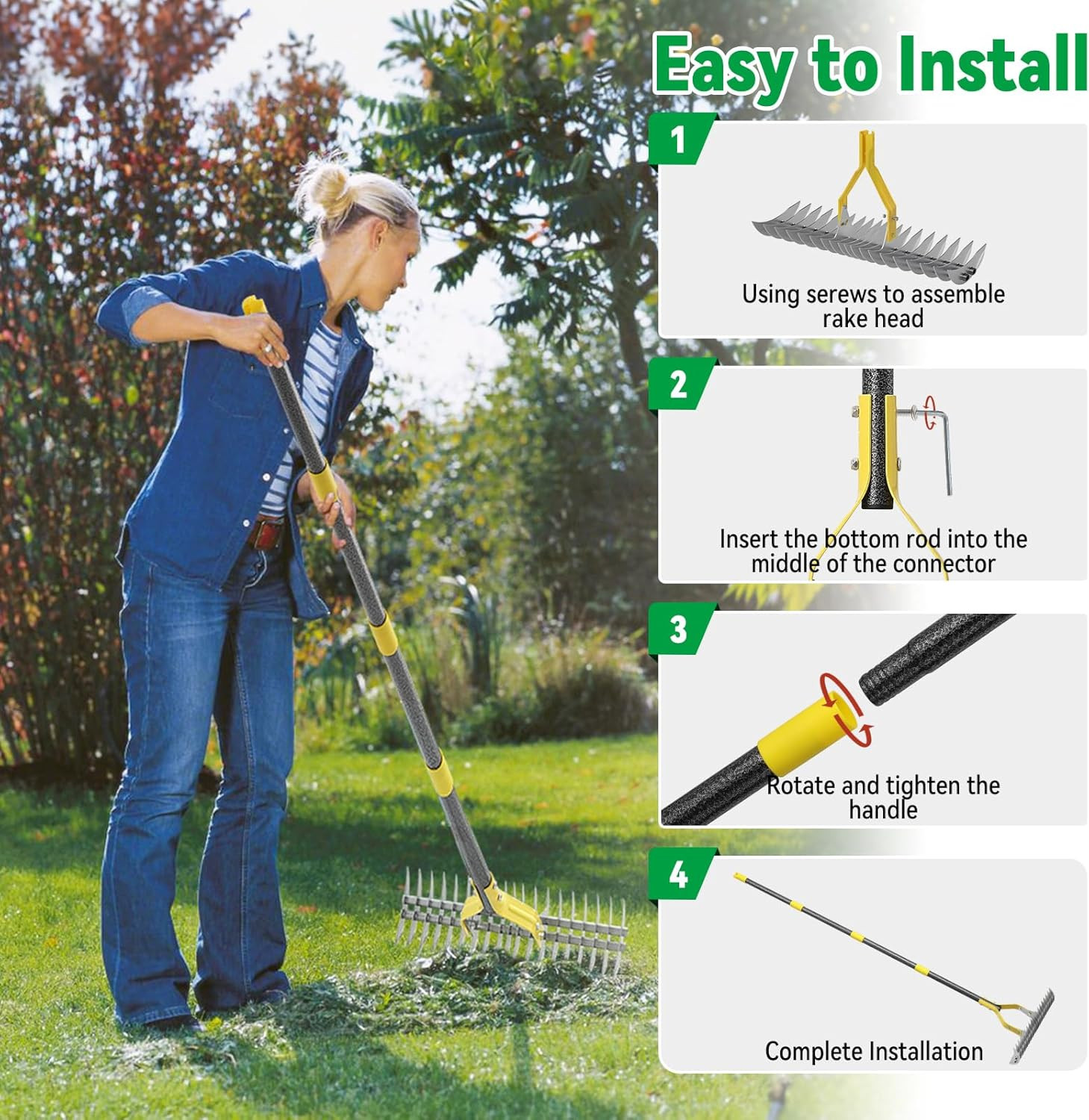 Strong Dethatcher Rake 19 tines / 72" long Garden tool for yard Lawn Field plant