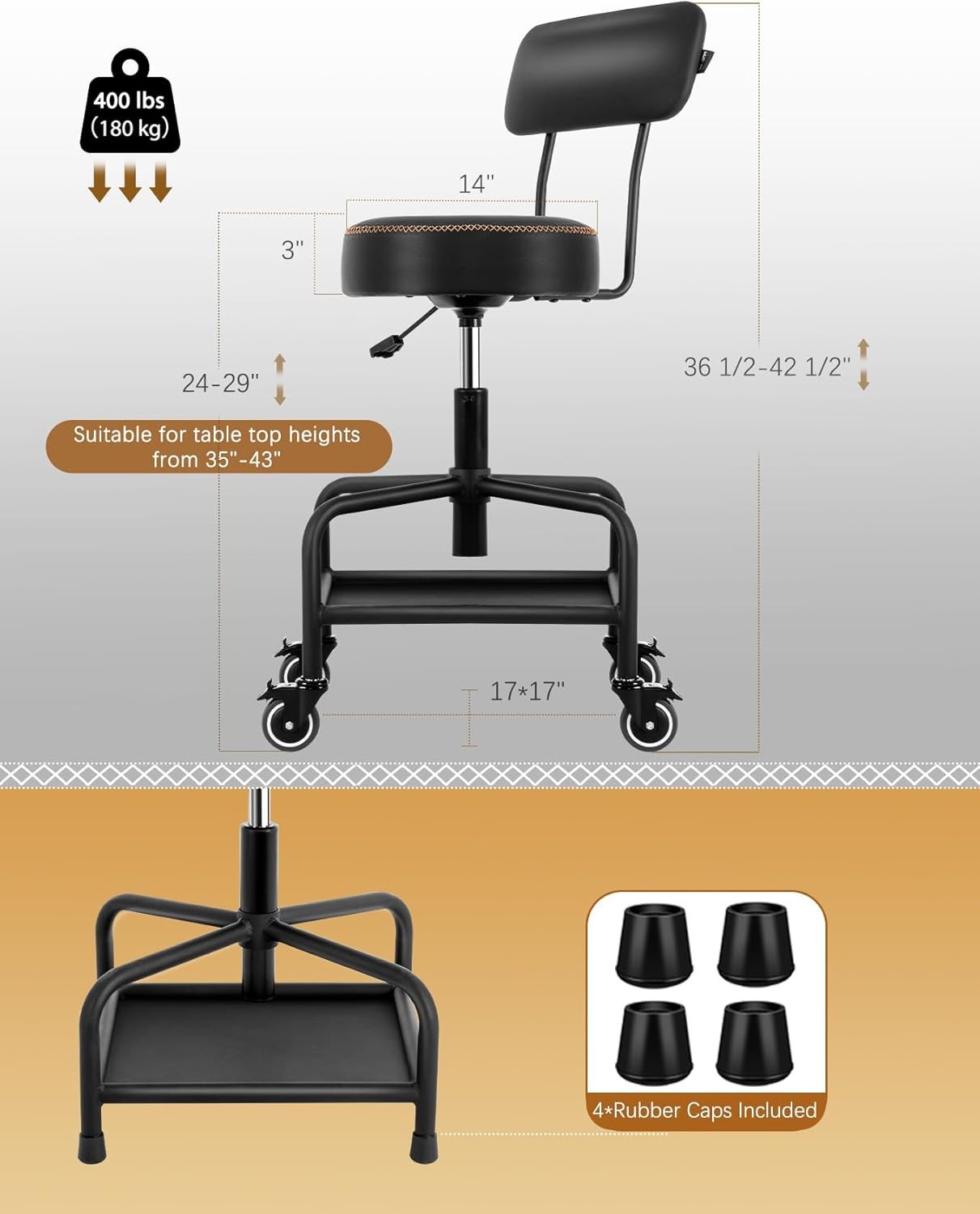 Rolling Shop Stool 400lb w/ Backrest Tool Tray Locking Wheels – NEW