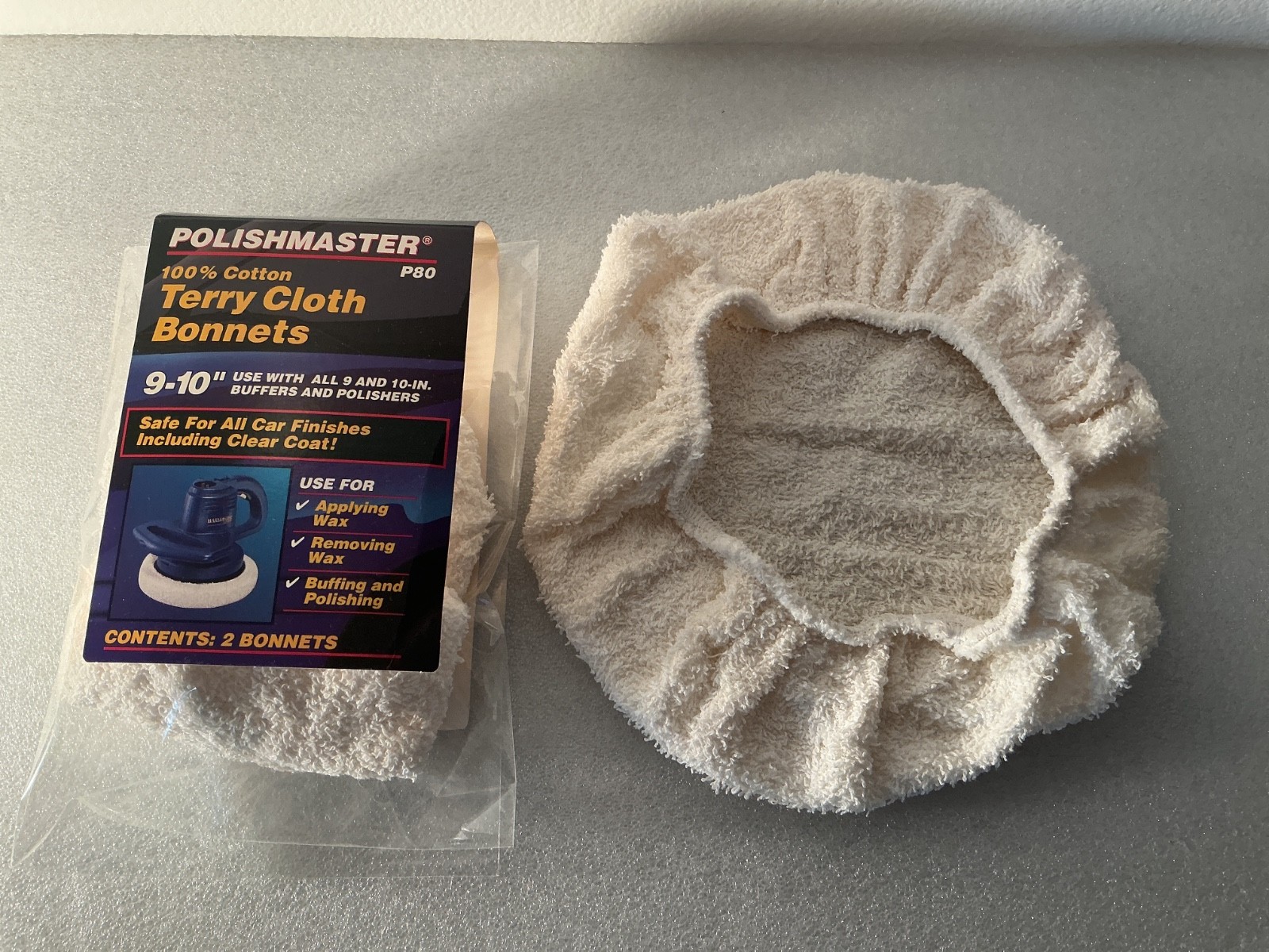 9-10" Polishmaster P80 100% Cotton Terry Cloth Bonnets (2-Pack) ~ NEW