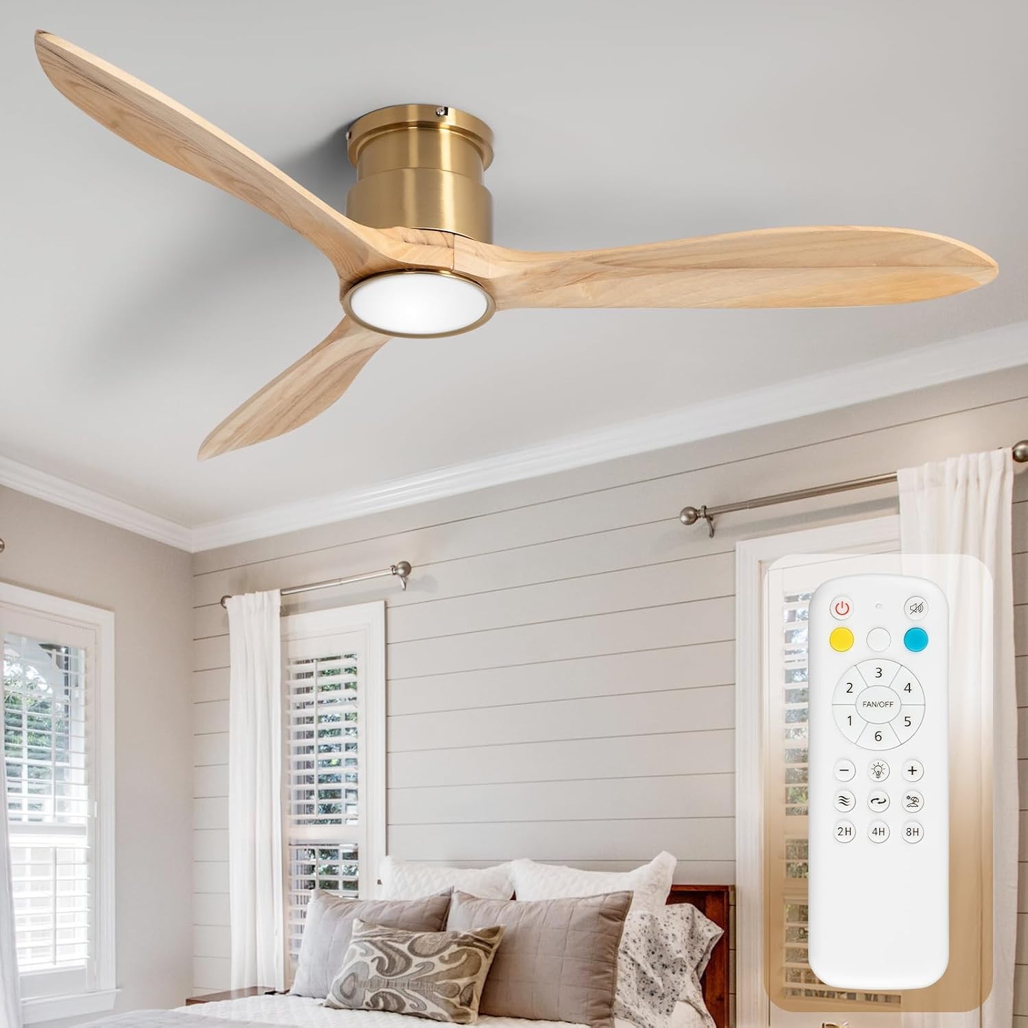 52Inch Ceiling Fan with Lights,Wood Low Profile Ceiling Fans with Remote Control